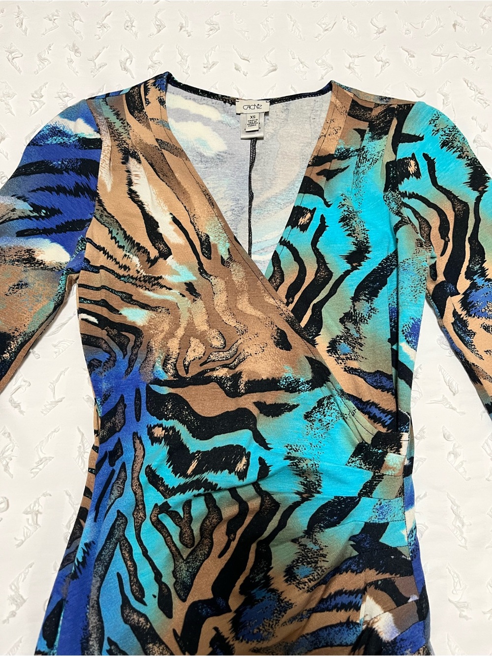 Vintage Cache Teal, Blue & Brown Animal-Print Wrap Dress - Picture 5 of 7